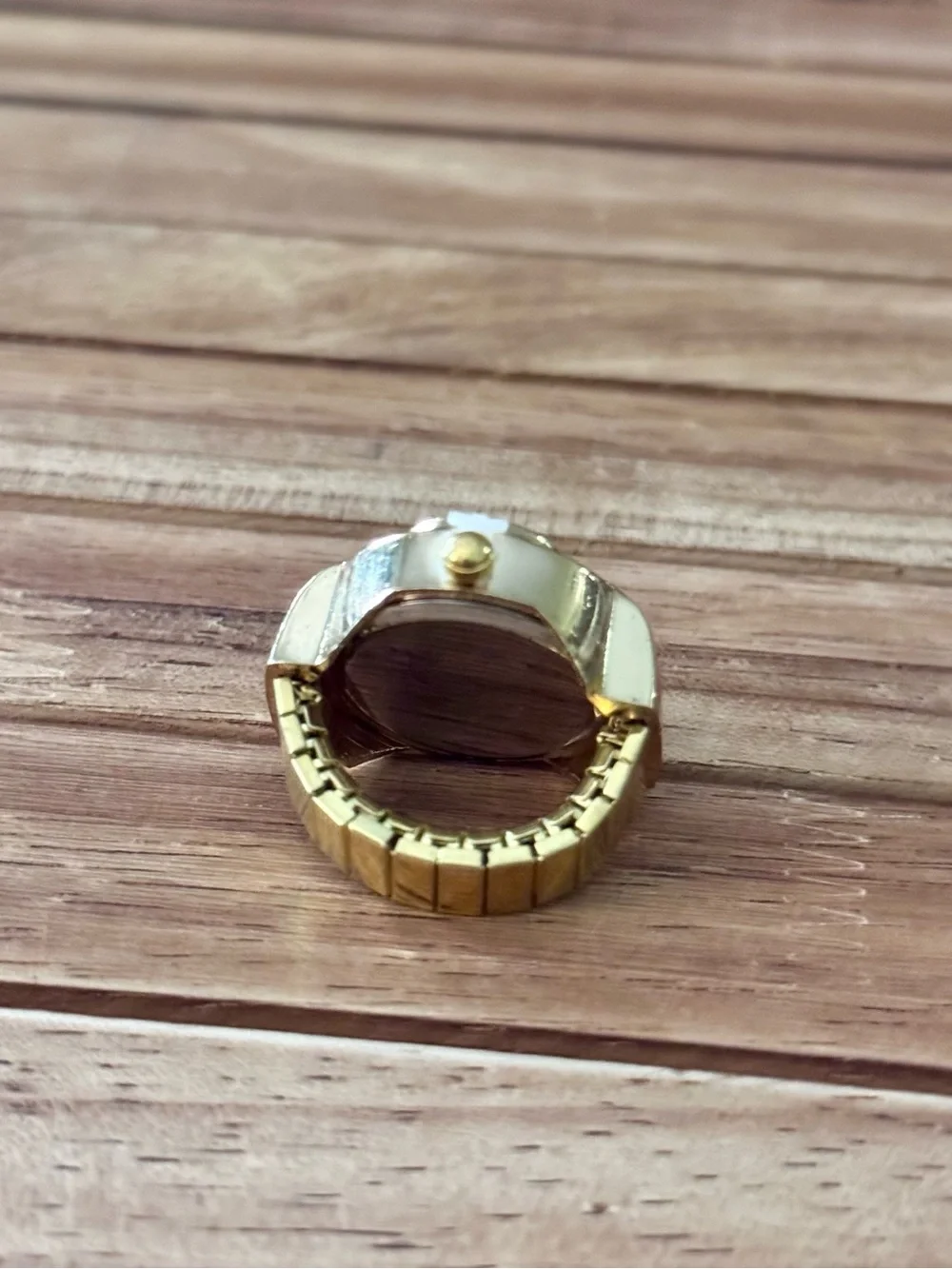 Gold Tone Women's Ring Watch with Red Floral Face and Crystal Accent